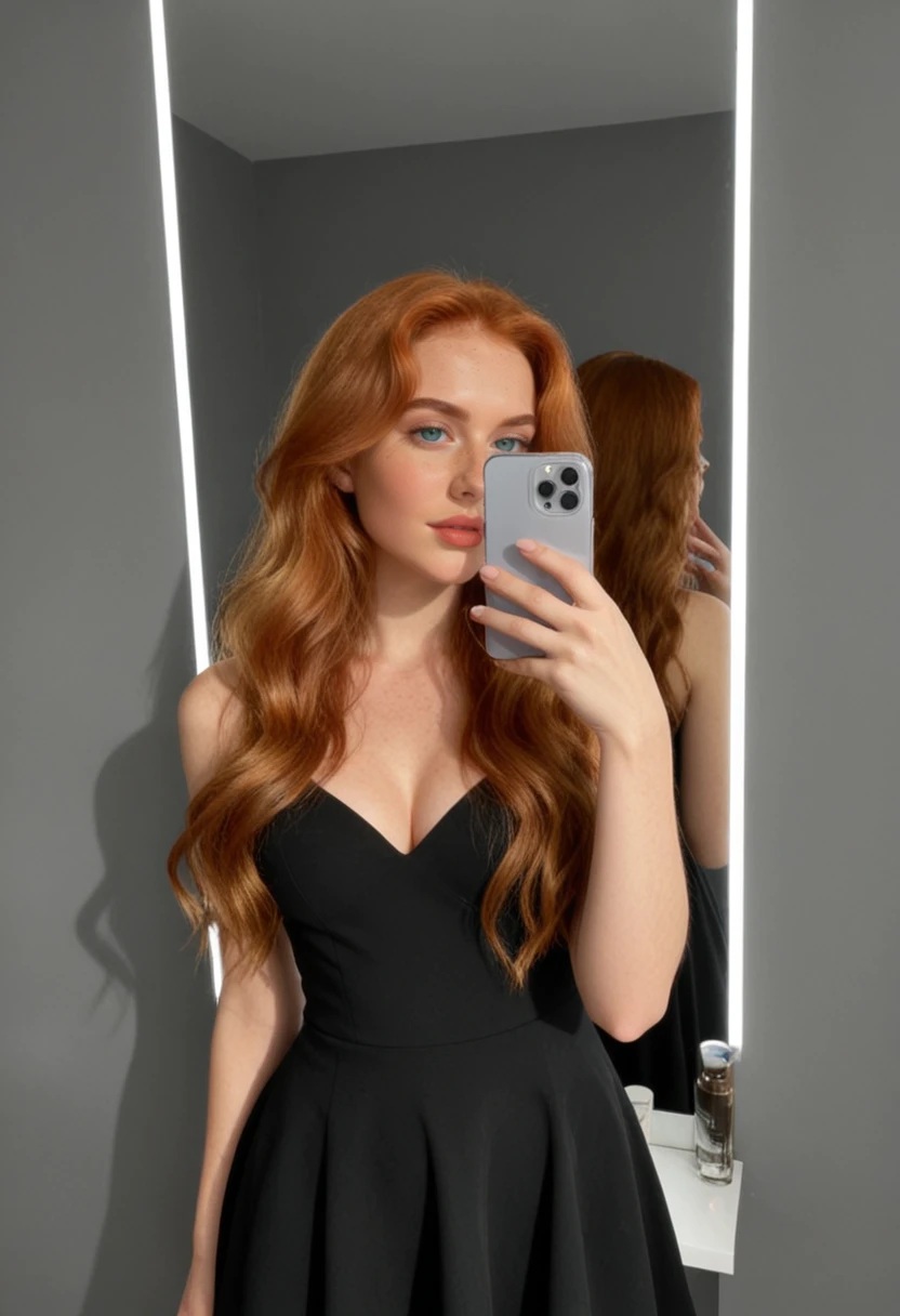 Rose Edwards en robe noire, selfie miroir
