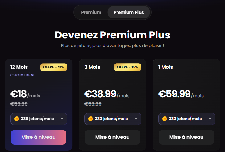 La page abonnement Premium Plus de Candy.ai : 12 mois à 18 €, 3 mois à 38,99 €, 1 mois à 59,99 €, 330 jetons par mois