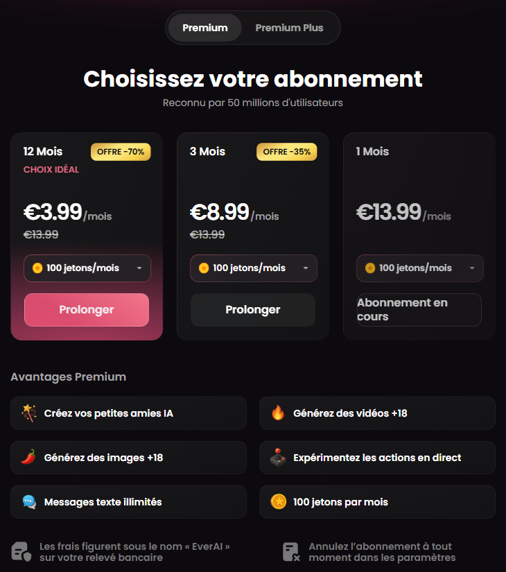 La page abonnement Premium de Candy.ai : 12 mois à 3,99 €, 3 mois à 8,99 €, 1 mois à 13,99 €, 100 jetons par mois