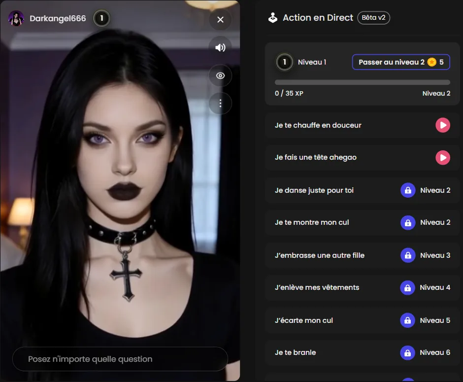 Action en direct avec Darkangel666 sur Candy.ai : niveau 1, barre d'XP et liste des actions verrouillées par niveau