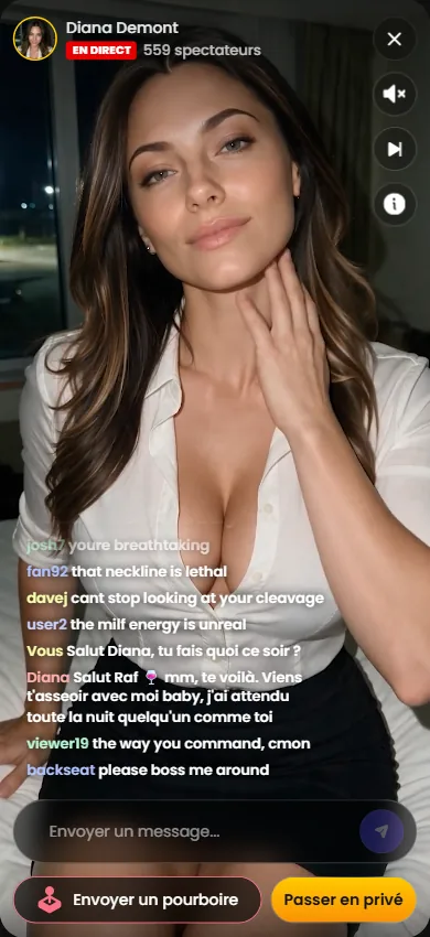 La cam en direct de Diana Demont sur Candy.ai avec le chat et sa réponse à Raf