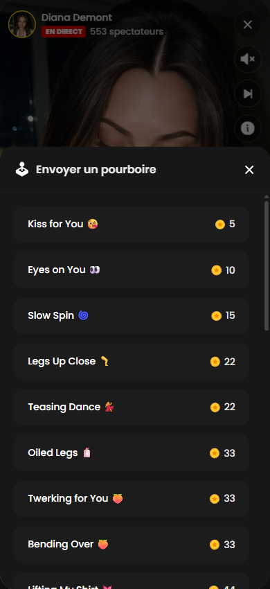 Le menu des pourboires d'une cam Candy.ai avec le prix en jetons de chaque action
