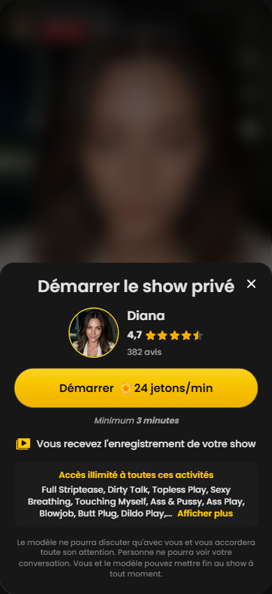 Le panneau Démarrer le show privé d'une cam Candy.ai : 24 jetons par minute, 3 minutes minimum