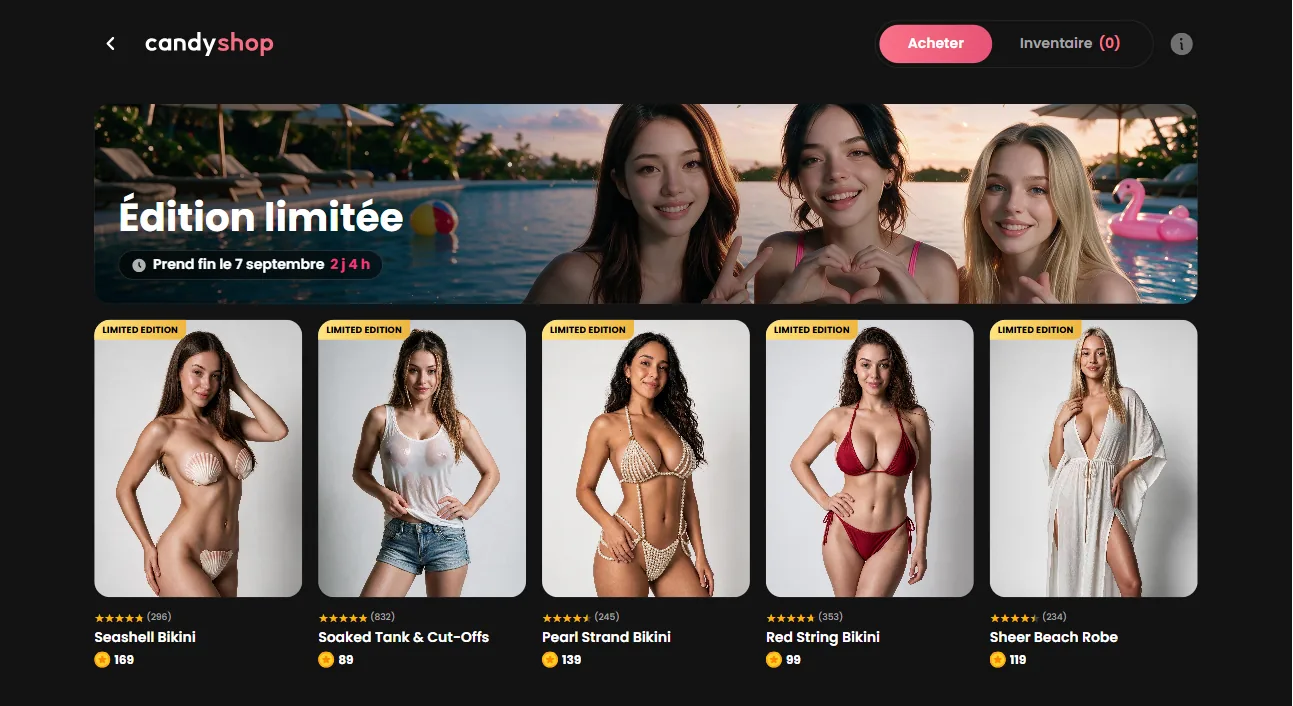 L'accueil du Candy Shop de Candy.ai avec les tenues en édition limitée