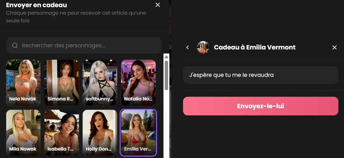 Offrir la tenue sur Candy.ai : choix d'Emilia Vermont parmi les personnages, puis le petit mot joint au cadeau