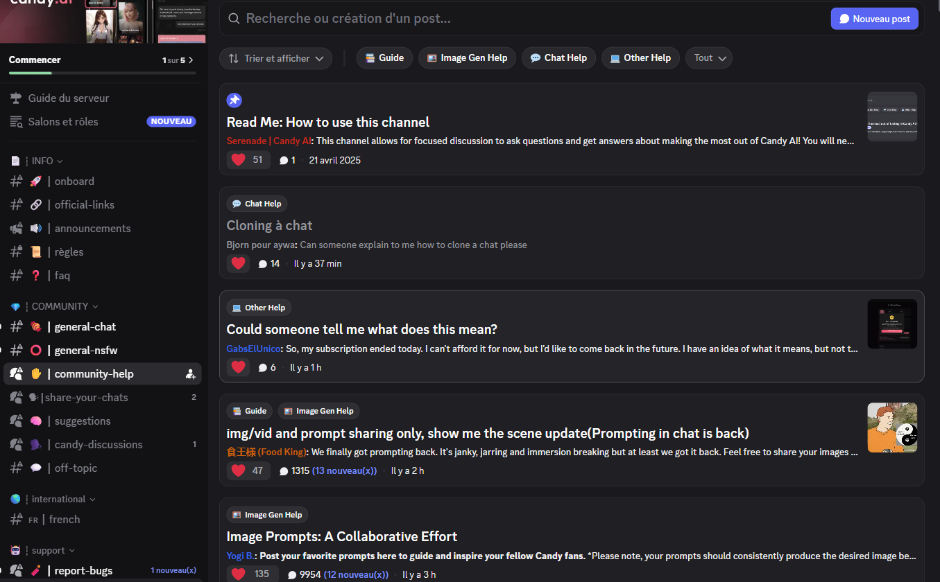 Le forum community-help du Discord Candy.ai : threads d'entraide triés par Chat Help, Image Gen Help et Other Help