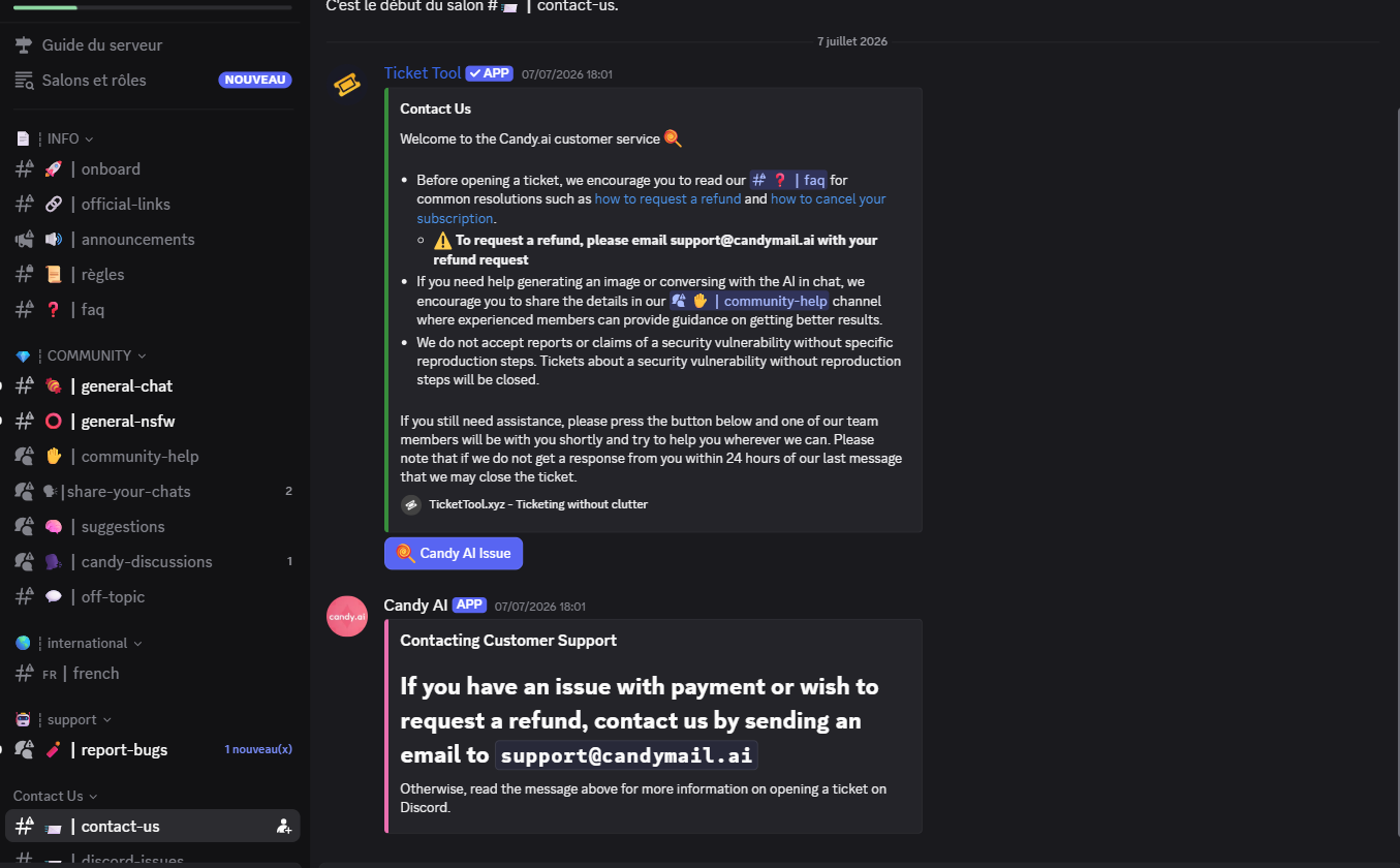 Le canal contact-us du Discord Candy.ai : bouton Candy AI Issue pour ouvrir un ticket, et l'adresse support@candymail.ai pour les remboursements