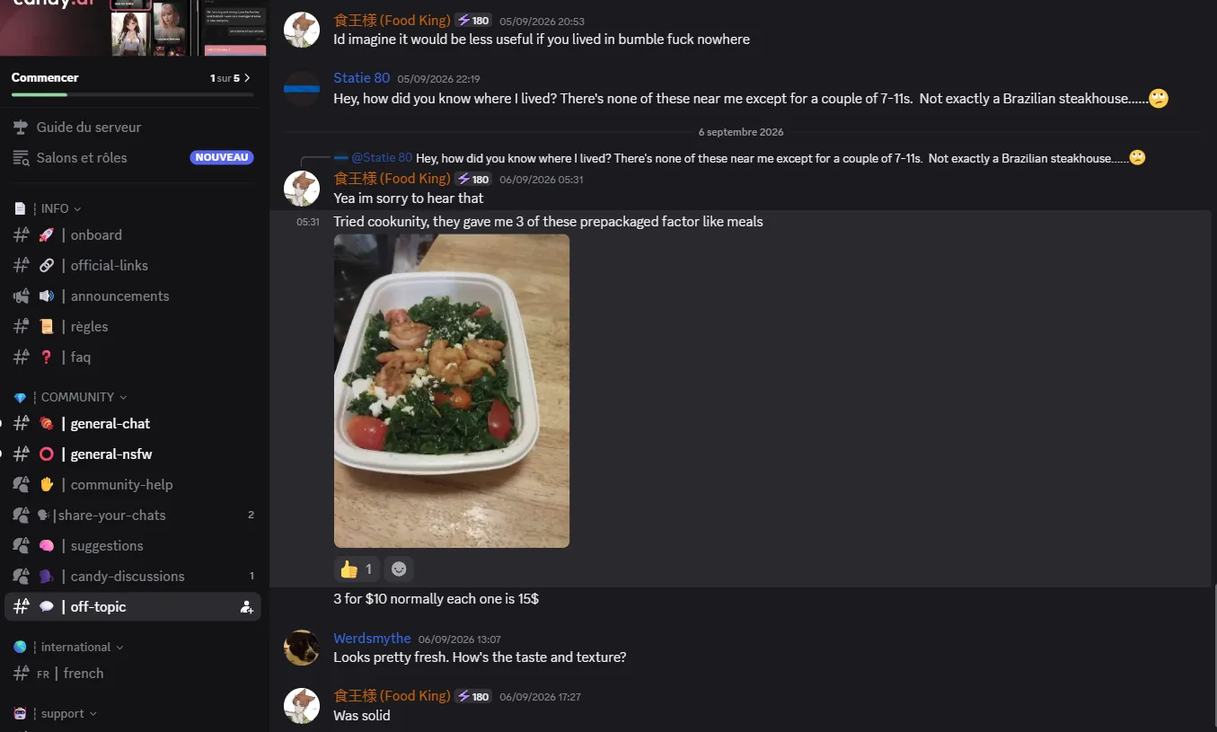 Le canal off-topic du Discord Candy.ai, avec la liste des canaux à gauche et un membre qui partage la photo de son repas
