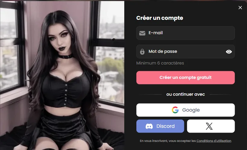 La fenêtre d'inscription Candy.ai : e-mail et mot de passe, ou continuer avec Google, Discord ou X