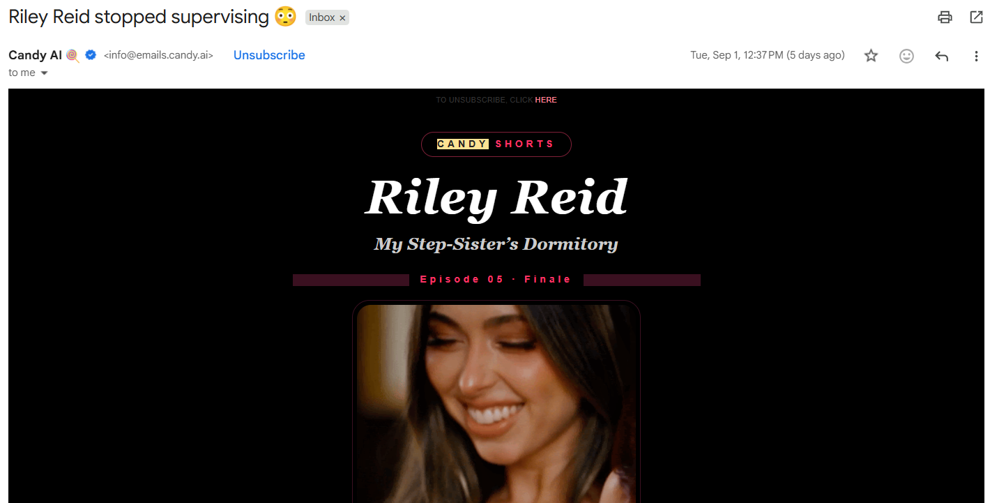 Un mail de notification Candy.ai reçu sur Gmail : expéditeur Candy AI, sujet Riley Reid stopped supervising, visuel de la série
