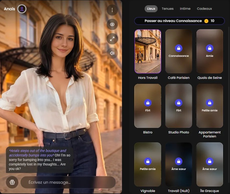 Le mode Romance avec Anaïs sur Candy.ai : la scène en direct et les lieux à débloquer palier par palier