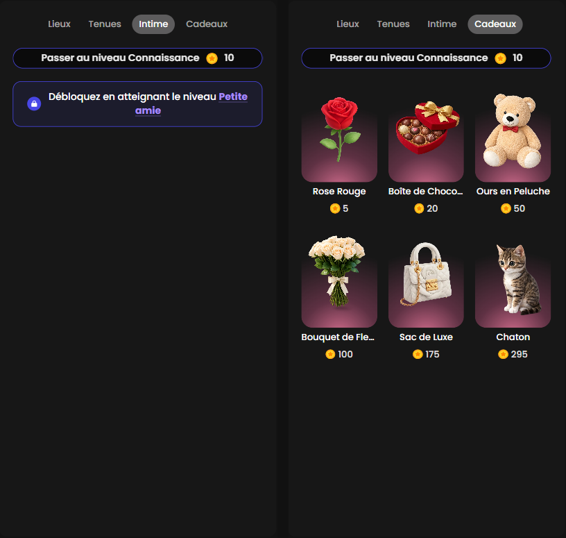 Les onglets Intime (verrouillé jusqu'au niveau Petite amie) et Cadeaux du mode Romance de Candy.ai