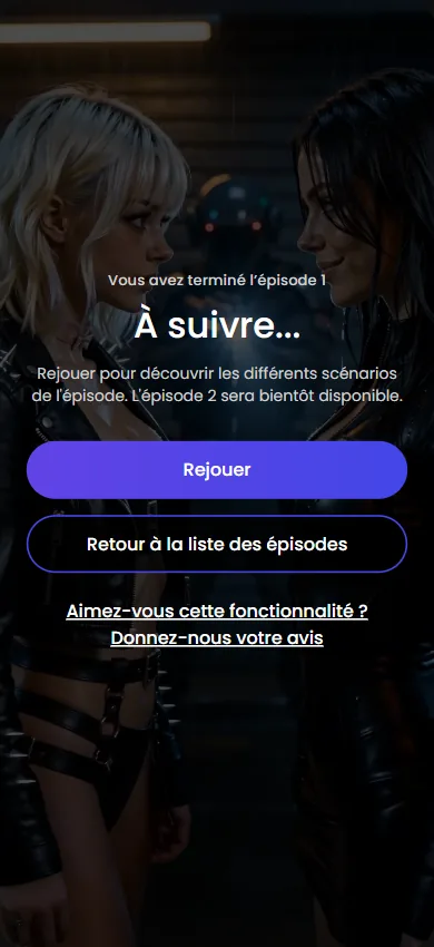 Écran de fin de l'épisode 1 de Neon Run : à suivre, épisode 2 bientôt disponible