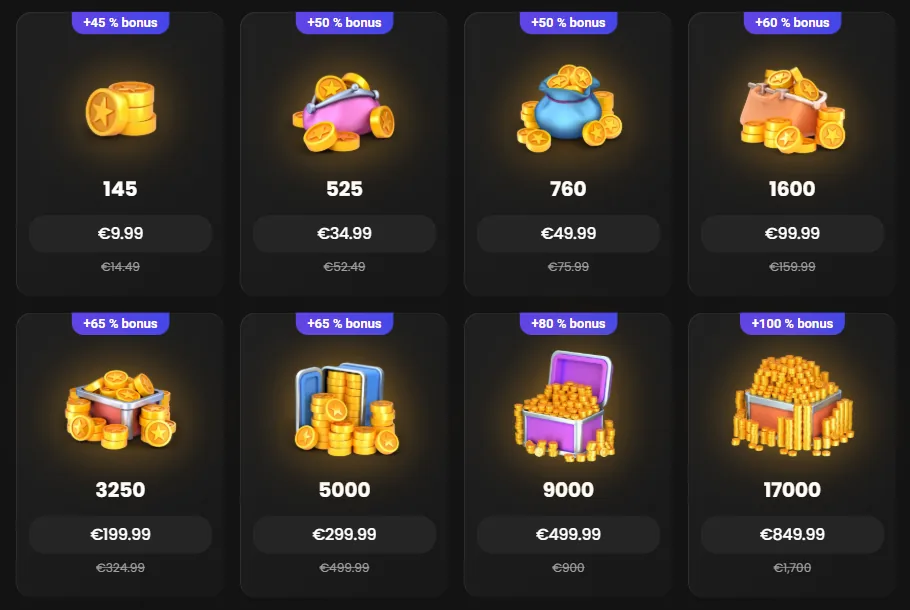 La grille des packs de jetons Candy.ai, de 145 jetons à 9,99 € jusqu'à 17 000 jetons à 849,99 €