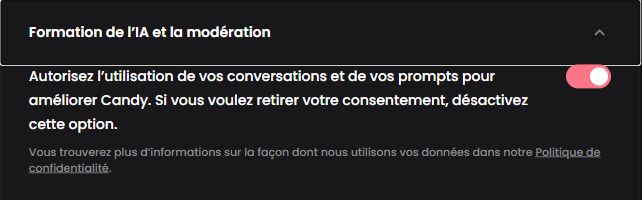Le réglage Formation de l'IA et la modération dans les paramètres Candy.ai : consentement à l'utilisation des conversations, désactivable