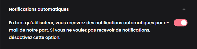 Le réglage Notifications automatiques dans les paramètres Candy.ai, avec son interrupteur