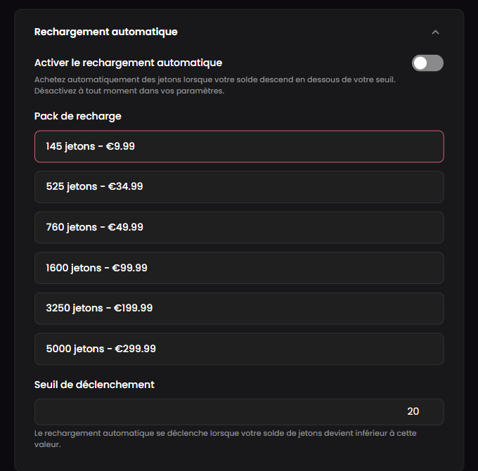 Le réglage Rechargement automatique de Candy.ai : achat automatique d'un pack de jetons sous un seuil, désactivé