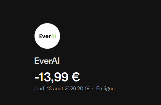 Le prélèvement Candy.ai sur un relevé bancaire : EverAI, 13,99 euros