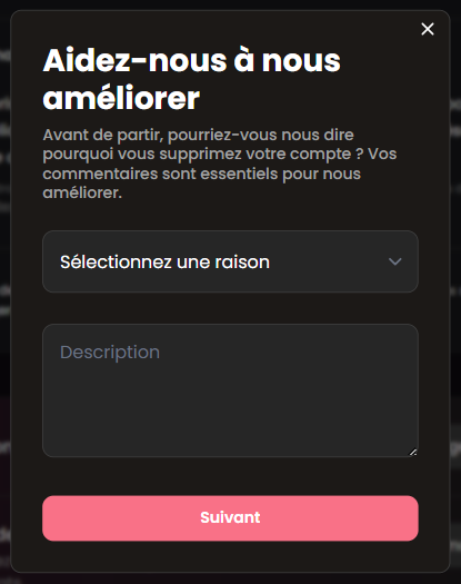 La fenêtre Aidez-nous à nous améliorer qui s'ouvre quand on supprime son compte Candy.ai