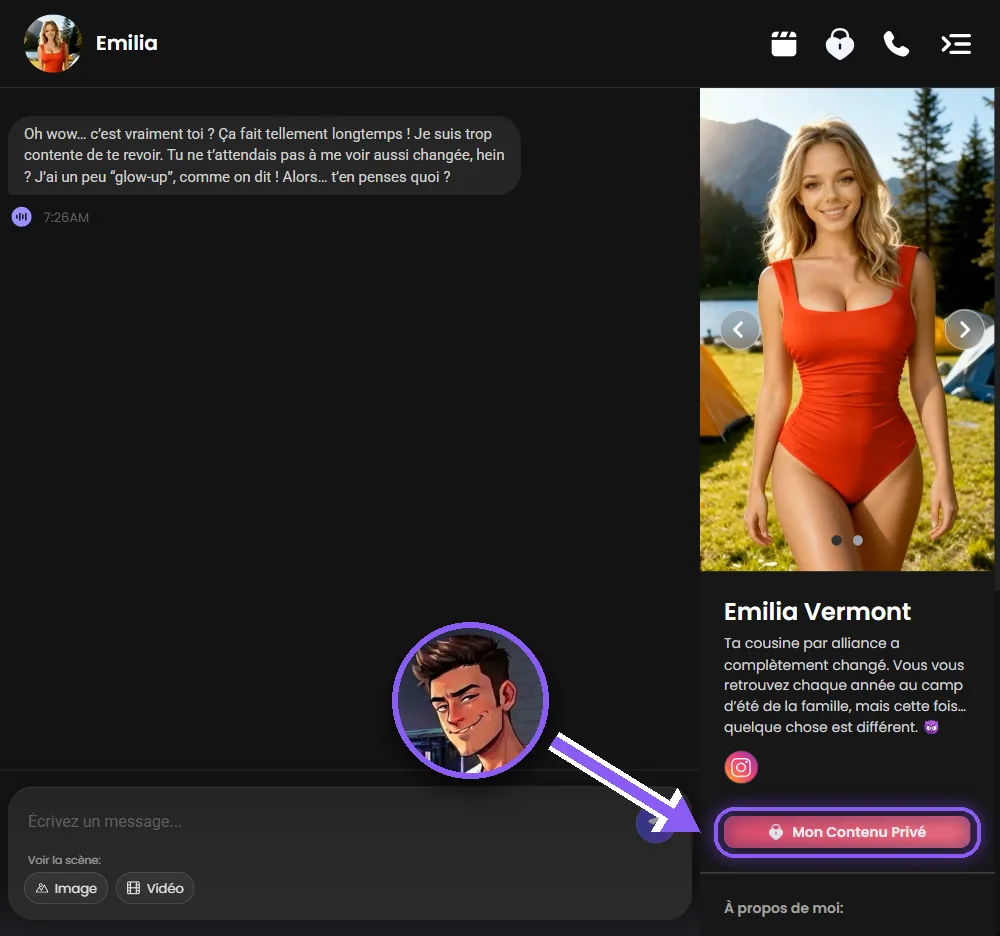 Profil d'Emilia sur Candy.ai avec le bouton Mon Contenu Privé