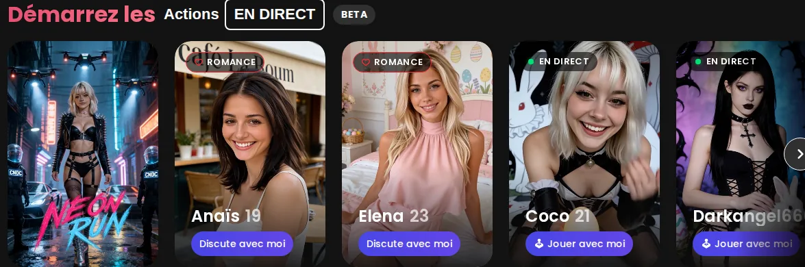 Le bandeau Actions en direct de Candy.ai : Neon Run, mode Romance et cams en direct