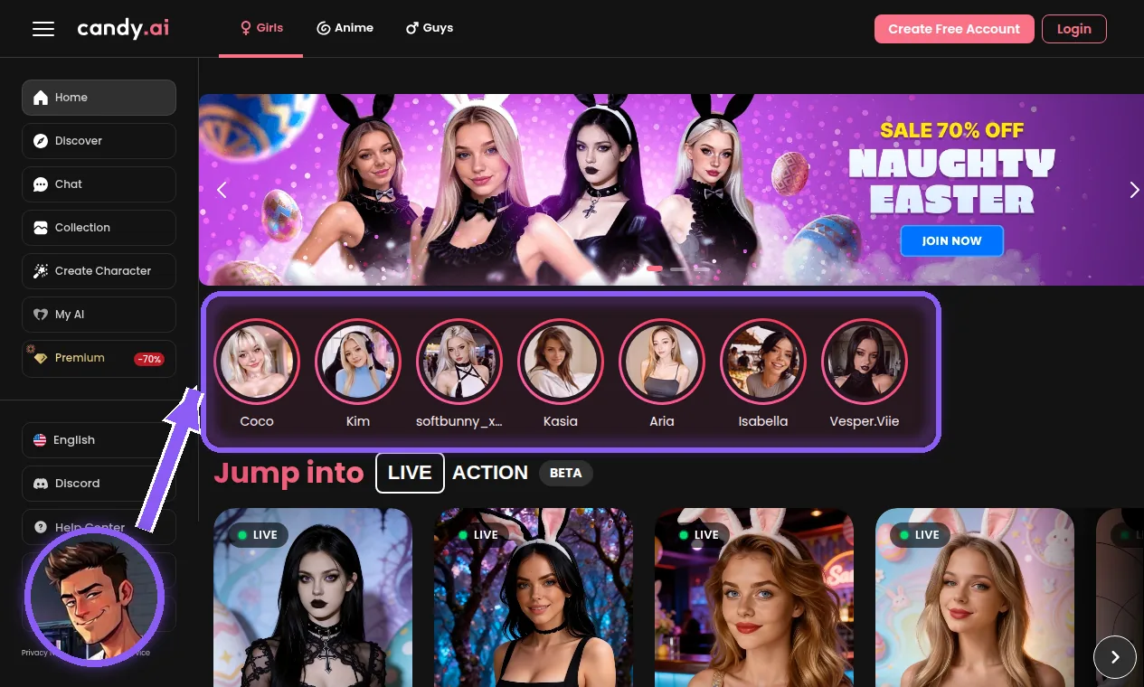 Bandeau stories Candy.ai sous la bannière de la page d'accueil