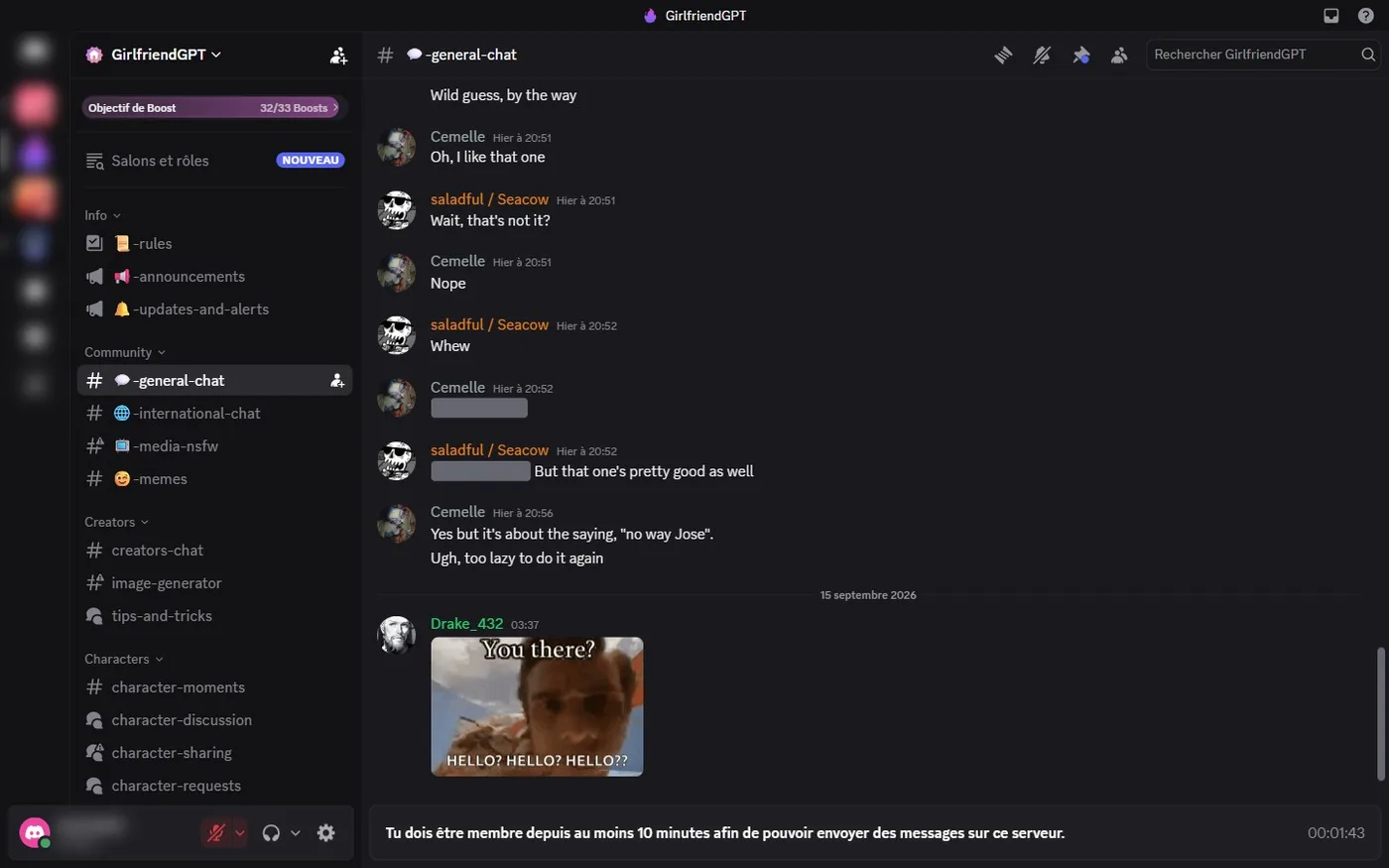 Le general-chat du Discord GirlfriendGPT : un GIF « You there? HELLO?? » posté à 3 h 37