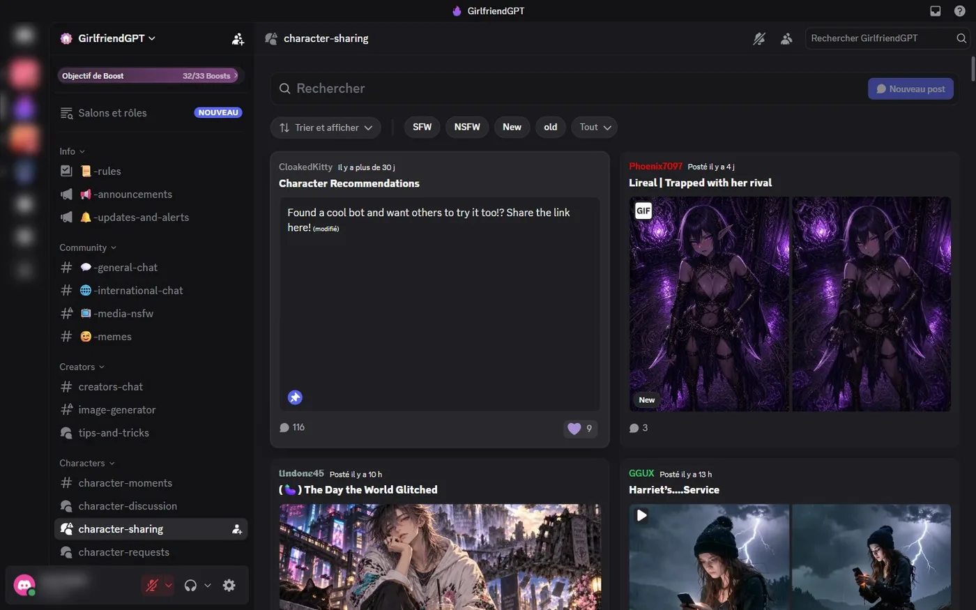 Le forum character-sharing du Discord GirlfriendGPT : les créateurs postent leurs nouveaux persos avec tags SFW et NSFW