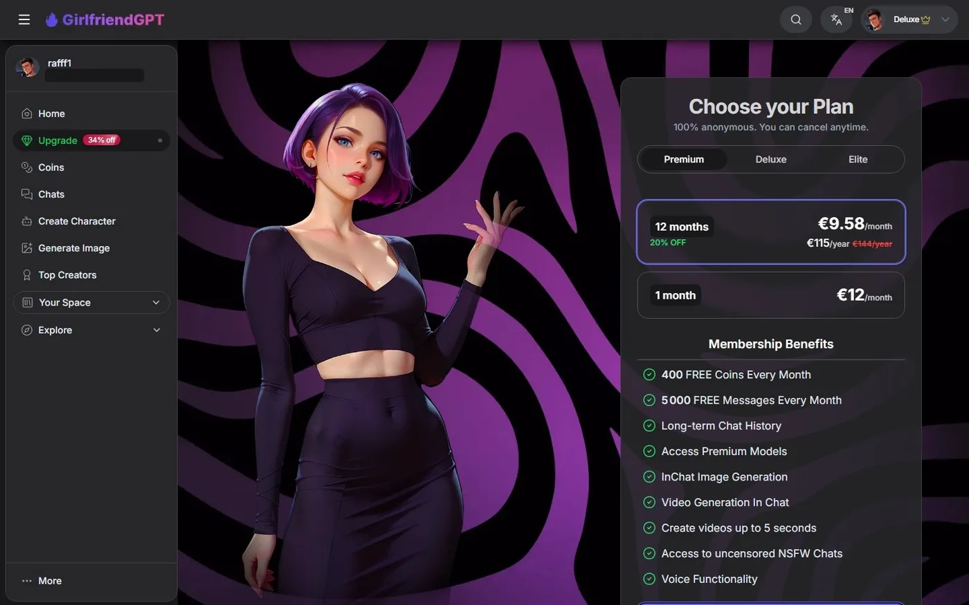La page d'abonnement de GirlfriendGPT : Premium, Deluxe et Elite, en euros