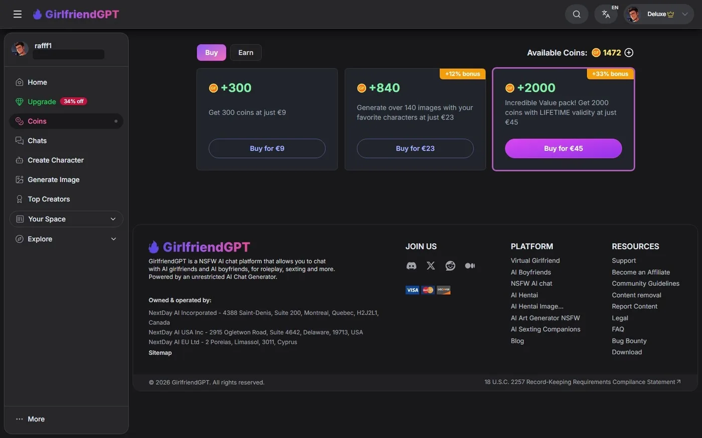 La page coins : les trois packs, 300, 840 et 2 000 coins