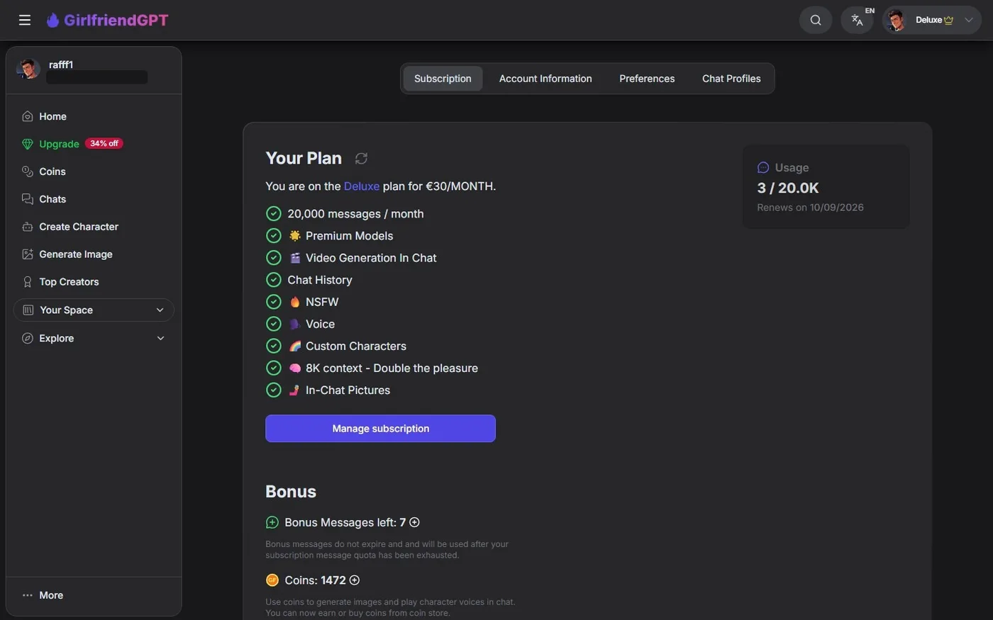 La page compte de GirlfriendGPT : plan, usage et coins, mais pas de bouton de suppression