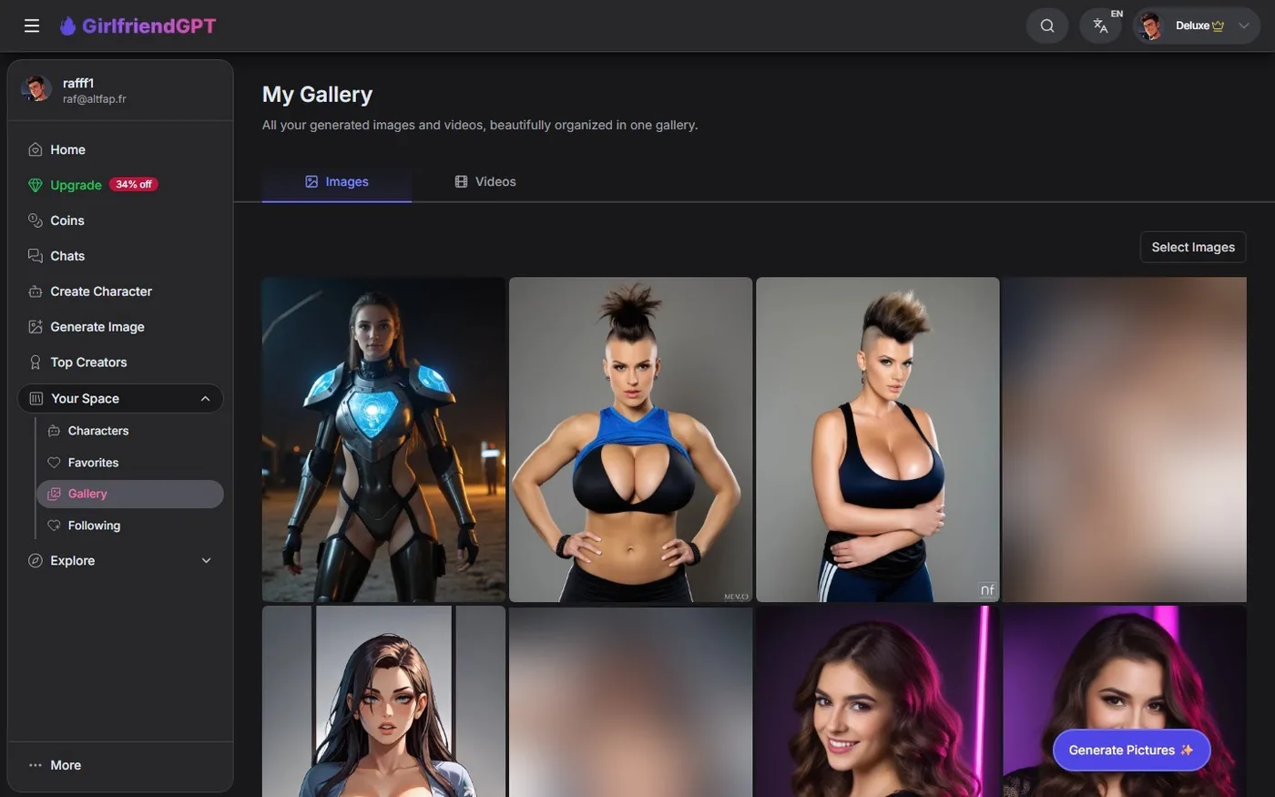 Ma galerie GirlfriendGPT : toutes les images générées, onglets Images et Videos