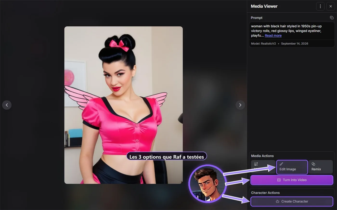 Le Media Viewer sur Vanessa : Raf pointe les trois options, Edit Image, Turn Into Video et Create Character