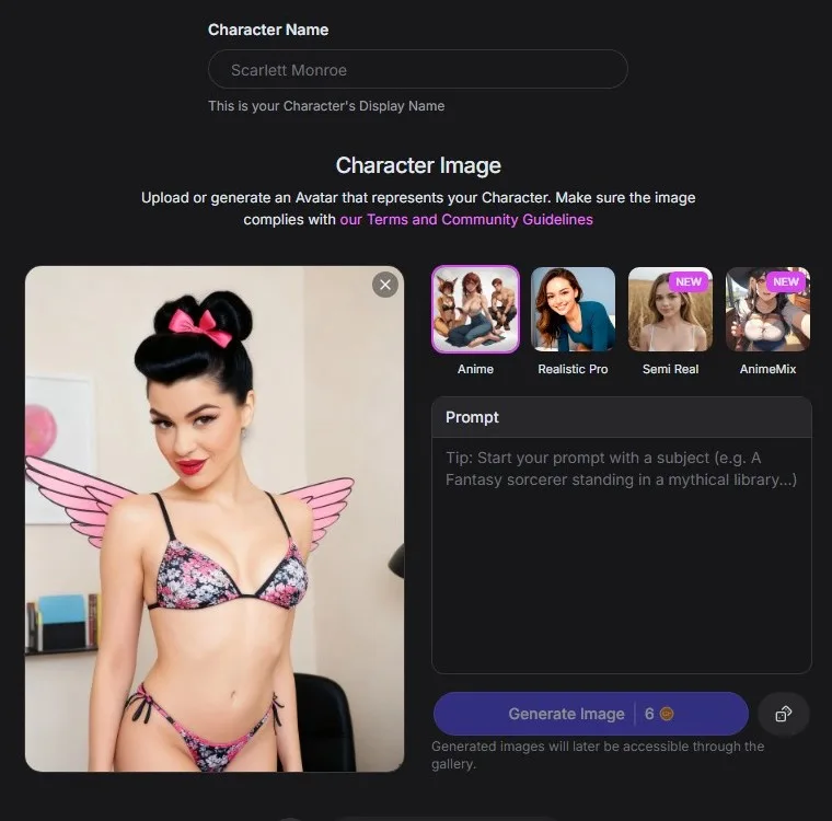 L'écran Create Character avec l'image de Vanessa déjà posée comme avatar