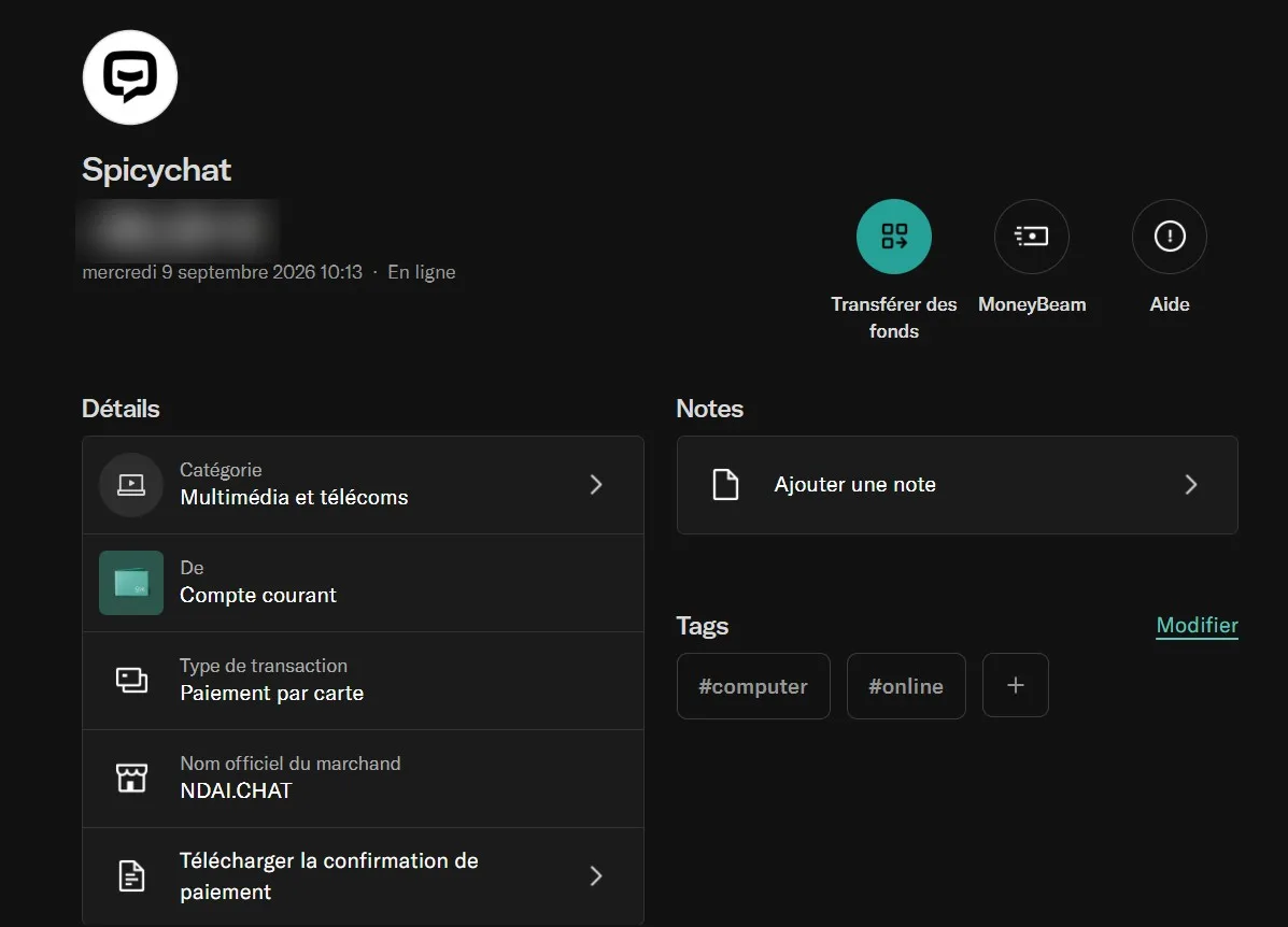 Le prélèvement GirlfriendGPT sur un relevé bancaire : libellé Spicychat, marchand NDAI.CHAT