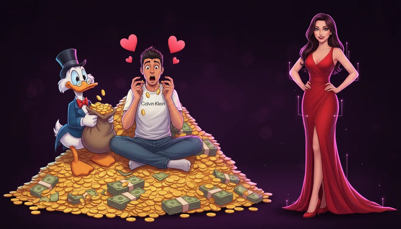 Raf et Picsou assis sur un tas de pièces, hypnotisés par une IA girlfriend en robe rouge et talons