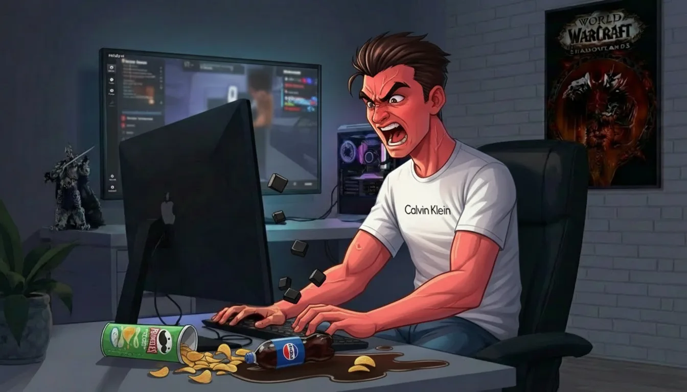 Raf en mode chaud du clavier : dans sa chambre, poster World of Warcraft au mur, Pringles et Pepsi renversés sur le bureau, il défonce son clavier, les touches volent
